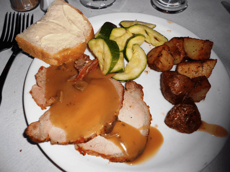 Dinner choice, burgundy pork, roasted potatoes and vegetables