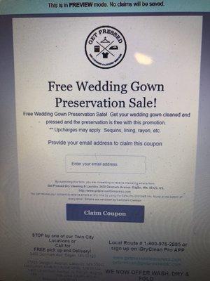 FREE Wedding gown preservation sale. Get your dress cleaned and pressed with a free preservation