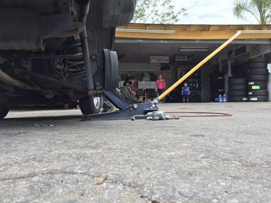 A tire being repaired.