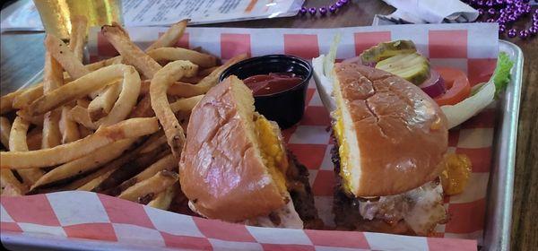 Hangover burger with fries.