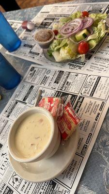 New England chowder soup and salad with balsamic vinegar