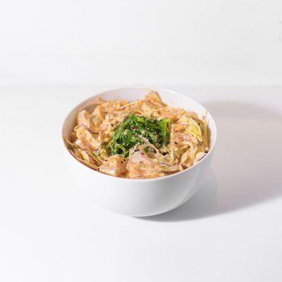 Salmon Poke bowl: salmon chunk, masago, onion, green onion, spicy mayo