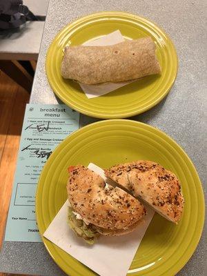 Breaky burrito and classic bagel sandwich