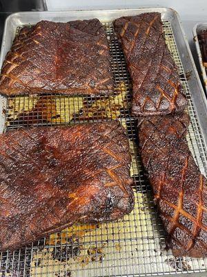 Behind the scene with Pork belly bites before plating.