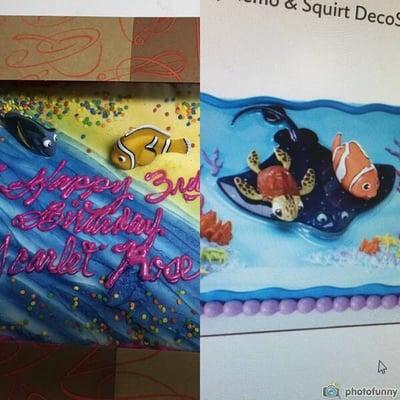 The cake I ordered on the right and what I got charged $35 for on the left.