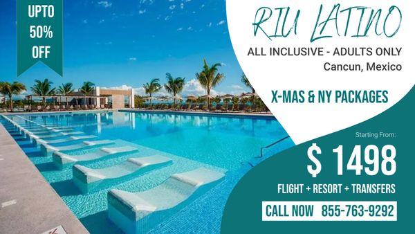 All Inclusive X-mas and NY packages to Cancun, MX. 
Package includes flights, Resort Stay as well as Airport Transfers.