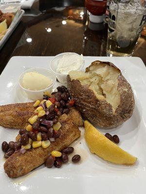 Lent fish fry. Baked fish with corn/bean salsa, baked potato.