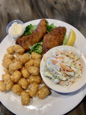 Fish and chips!  substituted fries for tater tots.  Comes cole slaw.