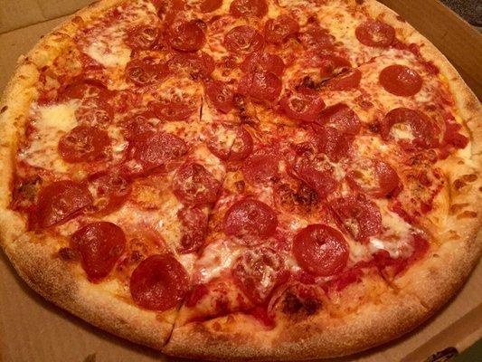 Large Pepperoni ordered on a Friday afternoon. Delivery. Fast fresh hot. Delicious.