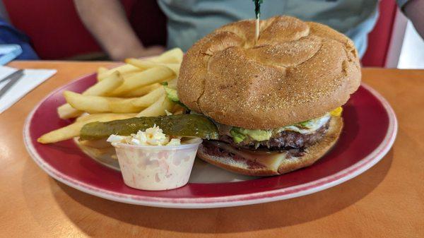 California Burger, was made on a roll, which was not expected. The roll wasn't fresh, it was falling apart after first bite.