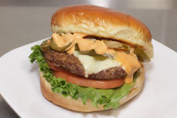 Burger with Cheese and jalapenos added.  They will customize for you.