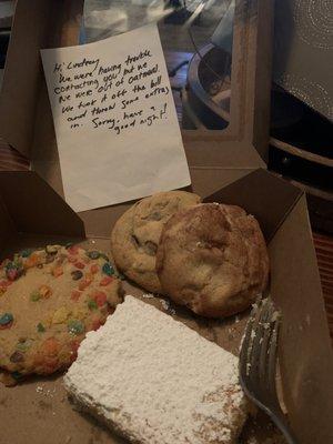 Lemon bar, fruity pebble cookie, s'more cookie and snickerdoodle. My husband also got the chocolate caramel shake and said it was excellent!