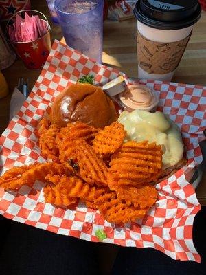 veggie burger with mushroom and Swiss, side of sweet potato fries and coffee:)