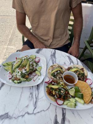 Beef rolled tacos on the left and 4 different tacos on the right - Birria, chicken, carnitas, and Al pastor