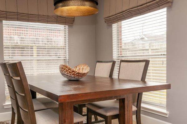 Dining room remodel, custom window treatments, new lighting