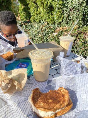 Grilled Tuna Melt, Grilled Cheese, Macchiato - Medium, Organic Americano - Medium, Bacon, Egg & Cheese Sandwich and FRESH Squeezed Lemonade.