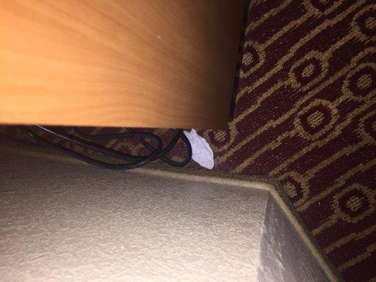 A balled up used tissue behind the TV stand near the bed.  I don't want to know what it was used for.