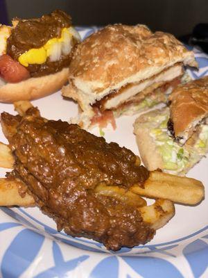 Coney dog, fried chicken sandwich, cheeseburger chili fry