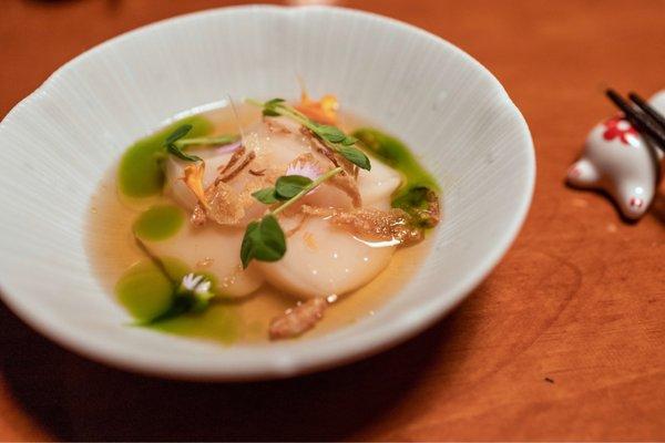 Sò Diệp - Scallop Crudo, Tomato Water Nuoc Cham, Radish, Crispy Onion, Scallion Oil, Pea Shoots