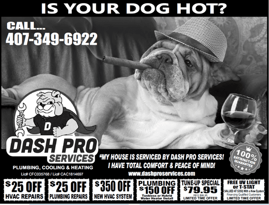 With Dash Pro Services we are here for your plumbing and HVAC need. Here are some coupons to help get you started...