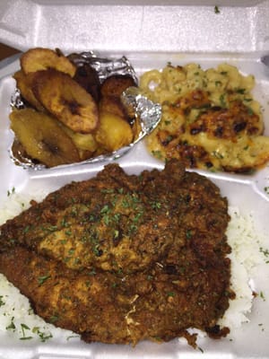 Jerk Fried Chicken Breast, Mac n Cheese and Plantains. Definitely hit the spot!