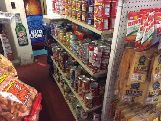 Plenty of canned food and snacks.