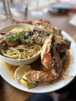 Half Dungeness Crab, Garlic Noodles and Blackened Prawns