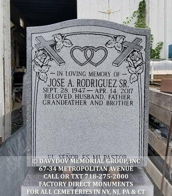 Traditional Gray granite monument for All Faiths Cemetery in Queens, NY. Photo taken post production in our factory.