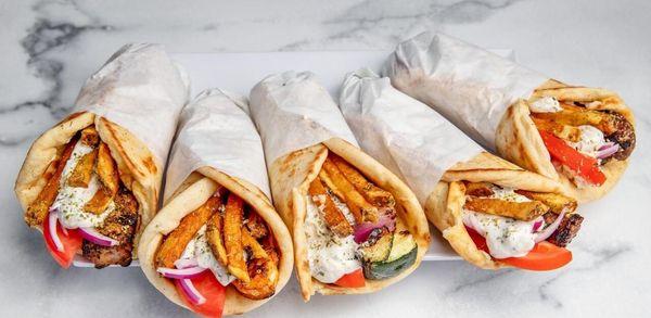 Pitas for the pick..
Chicken, Pork, Shrimp, Bifteki (ground beef), Veggie (hot, cold), and last but not least Lamb Pita