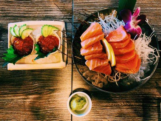 Seared salmon belly, salmon and salmon roe.