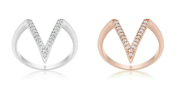 0.2ct CZ Rose or White Gold Plated Delicate V-Shape Ring
Clear stones accent the design of a contemporary open ring.