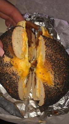 Bacon, over medium eggs, and cheese