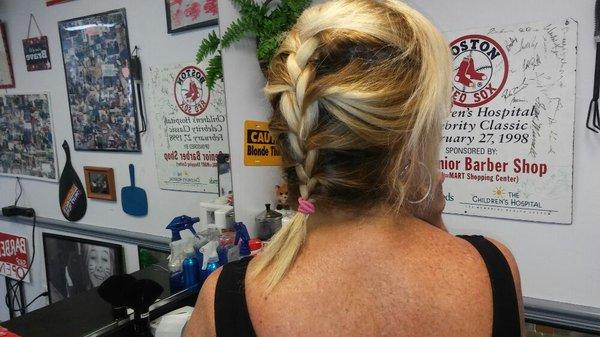 This is a French Braid Collette does those for women and little girls with longer hair