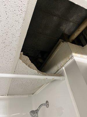 Bathroom ceiling that has yet to be repaired fell through on 5/20.