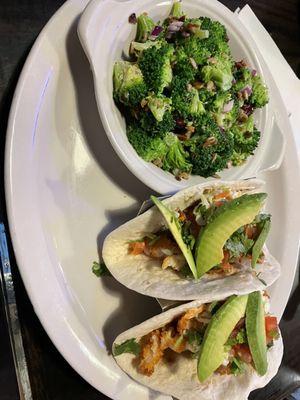 Shrimp tacos and broccoli/raisin salad