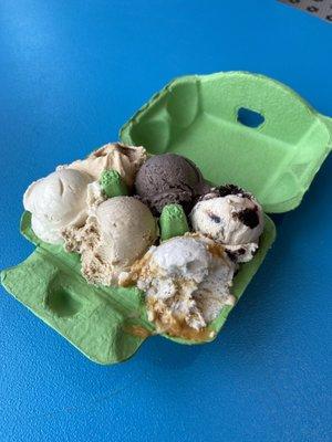 A small egg carton with six small scoops of ice cream in differing flavors.