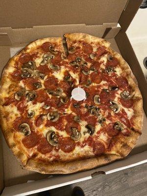 Pepperoni, mushroom, extra sauce.