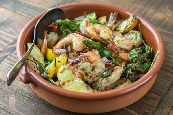 Family style shrimp, padron peppers, grilled lemons