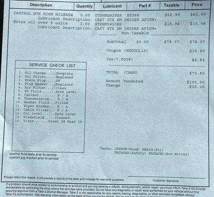 7 qt oil change price, service check list