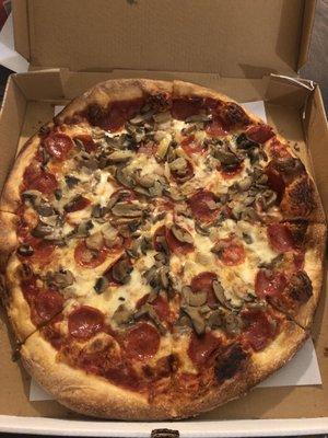 Large Plain Pizza with pepperoni, mushrooms, and onions