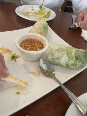 Spring rolls with one shrimp cut in four pieces. Shrimp was noticeably foul tasting and smelling. Not edible.