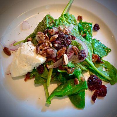 Super yummy spinach salad with warm bacon vinaigrette, mozzarella, red onion, pecans and dried cranberries