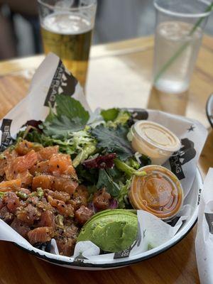 Big plate, half ahi, half salmon, salad mix and avacado