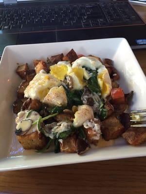 Spinach and shiitake Benedict over home fries. Gluten free indulgence.