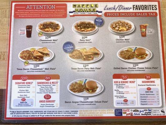 Waffle House.  Lunch and Dinner Menu.