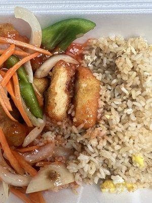 Sweet and sour chicken made with processed nuggets