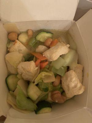 Cashew nut tofu in garlic sauce. There is no sign of garlic sauce. Just a bunch of boiled veggies, tofu pieces and some cashews sprinkled.