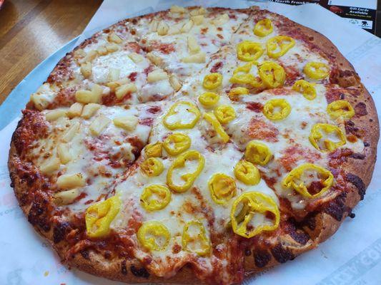 Medium, half banana peppers, half pineapple.