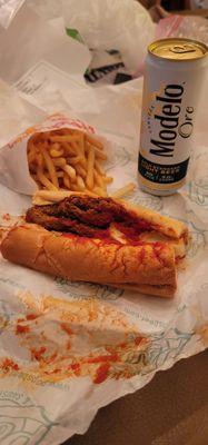 09/01/2024 Breaded steak red sauce  Fries no salt  And a cold one  Happy Labor Day holiday weekend