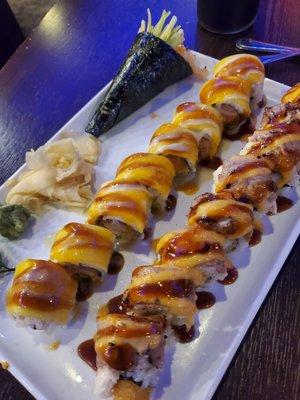 Spicy Scallop handroll, Mango Waikiki Roll, and Cowboy Roll